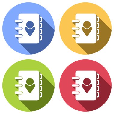 Adres defterinde kişi ile kapak. basit simgesi. Mavi, turuncu, yeşil ve kırmızı renkli daireler uzun gölge ile beyaz simgeler kümesi. Etiket tarzı