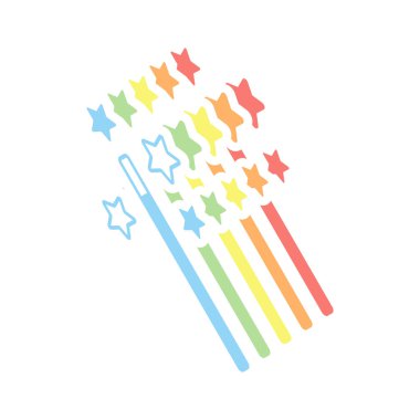 yıldız ile sihirli değnek. basit siluet. Beyaz arka plan üzerinde renkli izometrik simgeler yığını