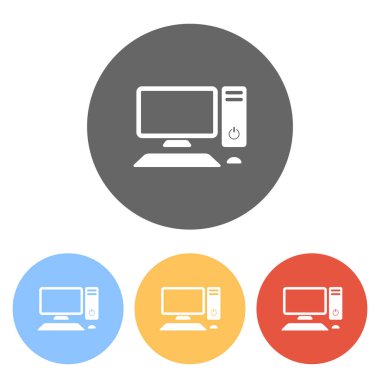 Kişisel bilgisayar, pc. Sistem birimi, monitör, klavye ve fare. Renkli daireler üzerinde beyaz simgeler kümesi