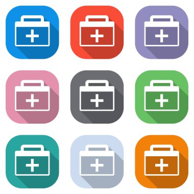 ilk yardım çantası, basit simgesi. Beyaz simgeleri uygulamalar için renkli kareler olarak ayarlayın. Sorunsuz imkanı ve desen poster için