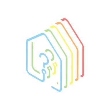 soru işareti simgesi olan ev. çizgi stili. Beyaz arka plan üzerinde renkli izometrik simgeler yığını