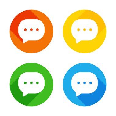 sohbet simgesi. Renkli daireler arka plan düz beyaz simgesi. Dört farklı uzun gölgeler her köşe
