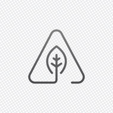 Eko yaprak uyarı üçgeni içinde. ekoloji ile sorun. Doğrusal sembolü ile ince anahat. bir çizgi stili. Kılavuz arka plan üzerinde