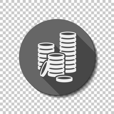 Sikke yığını simgesi. düz simgesi, uzun gölge, daire, şeffaf ızgara. Rozet veya etiket stili