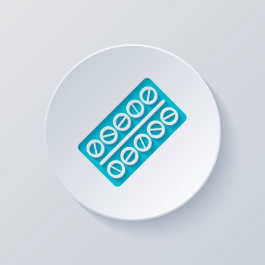 Paketi hapları simgesi. Gri ve mavi katmanları ile daire kes. Kağıt tarzı