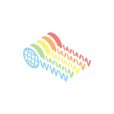 Internet sembolü ile dünya ve www. Beyaz arka plan üzerinde renkli izometrik simgeler yığını