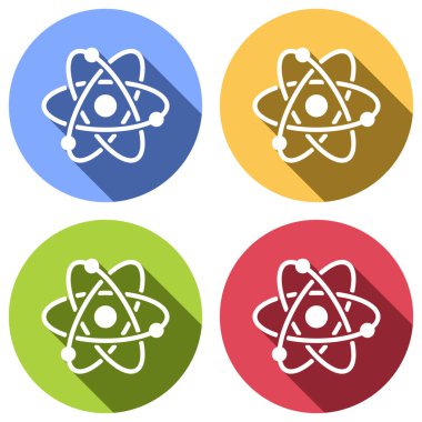 bilimsel atom sembolü, basit simgesi. Mavi, turuncu, yeşil ve kırmızı renkli daireler uzun gölge ile beyaz simgeler kümesi. Etiket tarzı