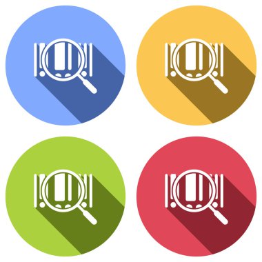 Barkod ve Yakınlaştır simgesini. Mavi, turuncu, yeşil ve kırmızı renkli daireler uzun gölge ile beyaz simgeler kümesi. Etiket tarzı