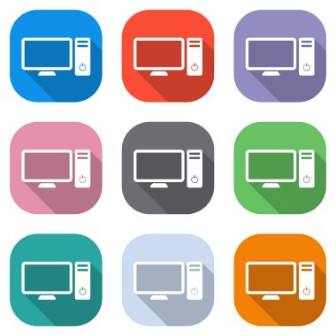 Kişisel bilgisayar, pc. Sistem birimi ve monitör. Beyaz simgeleri uygulamalar için renkli kareler olarak ayarlayın. Sorunsuz imkanı ve desen poster için