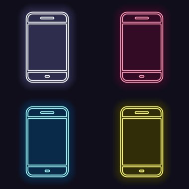 Basit hareket eden telefon simgesi. Doğrusal sembol, ince anahat. Neon işareti kümesi. Koyu arka plan üzerinde casino tarzı. Seamless modeli