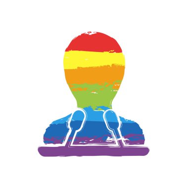 Hoparlör simgesi. Kişi siluet ve mikrofonlar kürsü üzerinde. Çizim işaretiyle Lgbt stil, gökkuşağı (kırmızı, turuncu, sarı, yeşil, mavi, Indigo, menekşe, yedi renk