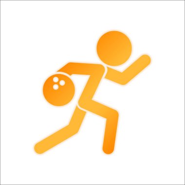 adam, simge Bovling çalıştırıyor. Portakal işareti beyaz arka plan üzerinde düşük ışık ile