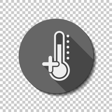 Termometre, sıcak. sıfır sıcaklık yukarıda. düz simgesi, uzun gölge, daire, şeffaf ızgara. Rozet veya etiket stili