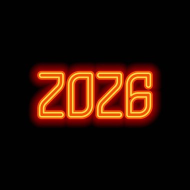2026 sayı simgesi. Yeni Yılınız Kutlu Olsun. Siyah arka plan üzerine portakal neon tarzı. Işık simgesi