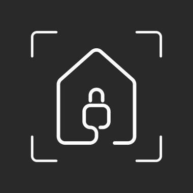 kilit simgesi olan ev. çizgi stili. Beyaz nesne kamera otomatik odaklama koyu arka plan üzerinde