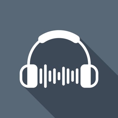 Kulaklık ve müzik dalgası. Max ses seviyesini. Basit simgesi. Uzun Gölge arka plan üzerinde beyaz düz simgesi