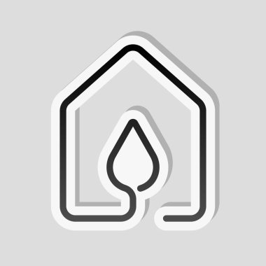 Su damla simgesi olan ev. çizgi stili. Etiket tarzı ile beyaz ve gri arka plan üzerinde basit gölge