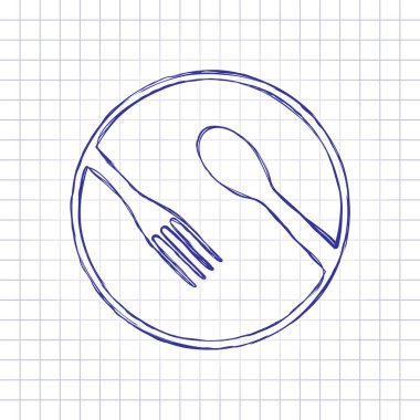 Gıda araçları. çatal ve kaşık. Elle çizilmiş resim kağıt sayfası. Mavi mürekkep, anahat kroki tarzı. Damalı zemin üzerine doodle