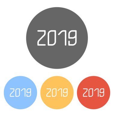 2019 sayı simgesi. Yeni Yılınız Kutlu Olsun. Renkli daireler üzerinde beyaz simgeler kümesi