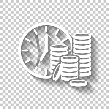 Vakit nakittir. Saat ve para yığını. Finans simgesi. Gölge şeffaf arka plan üzerinde beyaz simgesi