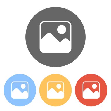 Basit resim simgesi. Renkli daireler üzerinde beyaz simgeler kümesi