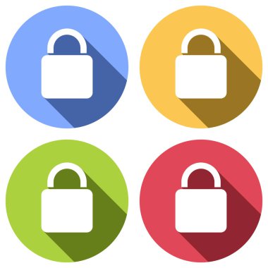 kilit simgesi. Mavi, turuncu, yeşil ve kırmızı renkli daireler uzun gölge ile beyaz simgeler kümesi. Etiket tarzı