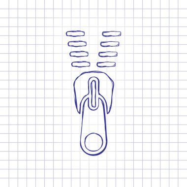 Fermuar aracı simgesini, açık durumu. Elle çizilmiş resim kağıt sayfası. Mavi mürekkep, anahat kroki tarzı. Damalı zemin üzerine doodle
