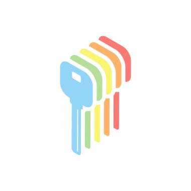 anahtar simgesi. Beyaz arka plan üzerinde renkli izometrik simgeler yığını