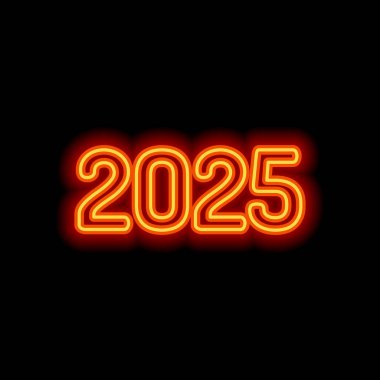 2025 sayı simgesi. Yeni Yılınız Kutlu Olsun. Siyah arka plan üzerine portakal neon tarzı. Işık simgesi