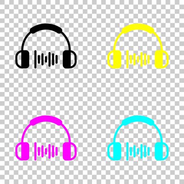 Kulaklık ve müzik dalgası. Orta ses düzeyi. Basit simgesi. Cmyk simgeleri şeffaf arka plan üzerinde renkli dizi