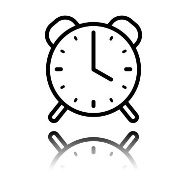 Eski çalar saat, basit simgesi, ince anahat ile doğrusal sembolü. Siyah beyaz arka plan ayna yansıması simgesiyle