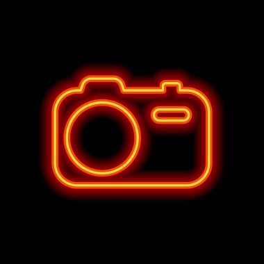 Basit fotoğraf makinesi. Teknoloji simgesi. Siyah arka plan üzerine portakal neon tarzı. Işık simgesi