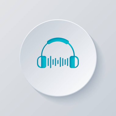 Kulaklık ve müzik dalgası. Max ses seviyesini. Basit simgesi. Gri ve mavi katmanları ile daire kes. Kağıt tarzı