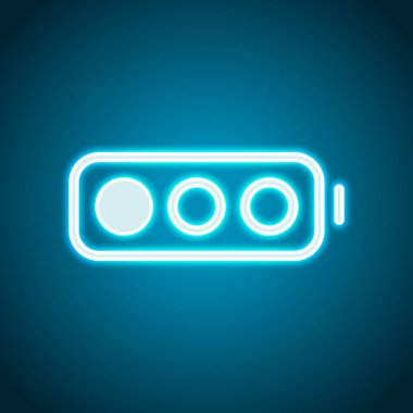 Basit pil, düşük düzeyde. Neon tarzı. Işık dekorasyon simgesi. Parlak elektrik sembolü