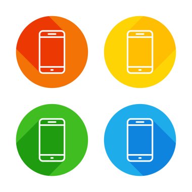Basit hareket eden telefon simgesi. Doğrusal sembol, ince anahat. Renkli daireler arka plan düz beyaz simgesi. Dört farklı uzun gölgeler her köşe