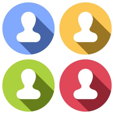 Basit siluet bir adam. Mavi, turuncu, yeşil ve kırmızı renkli daireler uzun gölge ile beyaz simgeler kümesi. Etiket tarzı