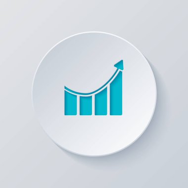 Çubuk grafiği yükselen ok simgesi ile büyüyor. Gri ve mavi katmanları ile daire kes. Kağıt tarzı