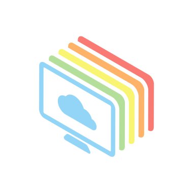 veritabanı, bulut teknoloji, bilgisayar ve bulut. basit simgesi. Beyaz arka plan üzerinde renkli izometrik simgeler yığını