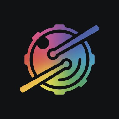 Müzik uygulama için logo davul sopaları ve kamera ile. Basit simgesi. Gökkuşağı rengi ve koyu arka plan