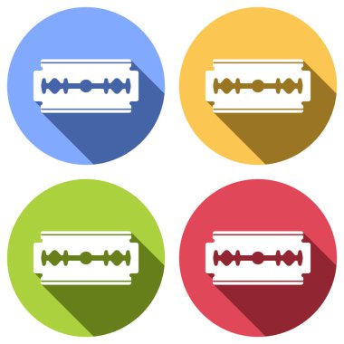 bıçak. basit siluet. Mavi, turuncu, yeşil ve kırmızı renkli daireler uzun gölge ile beyaz simgeler kümesi. Etiket tarzı