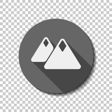 Dağlar simgesi. Basit sembol. Saydam arka plan üzerinde bir dairede uzun gölge beyaz düz simgesi. Rozet veya etiket stili