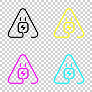 Elektrik uyarı üçgeni'nde takın. İnce anahat ile basit doğrusal simgesi. Bir çizgi stili. Cmyk simgeleri şeffaf arka plan üzerinde renkli dizi