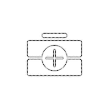 ilk yardım çantası, basit simgesi. Noktalı anahat siluet gölge beyaz arka plan üzerinde