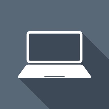 Laptop ya da defter bilgisayar kutsal kişilerin resmi. Uzun Gölge arka plan üzerinde beyaz düz simgesi