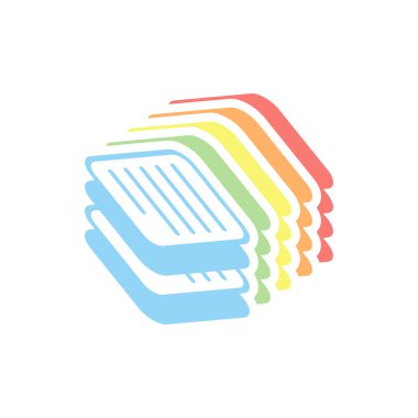 kağıtları, basit sembol veya simge yığını. Beyaz arka plan üzerinde renkli izometrik simgeler yığını