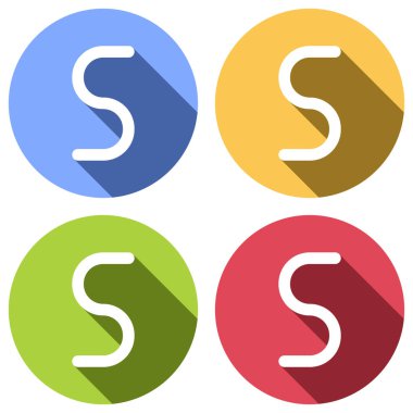 Sayı beş, sayısal, basit mektup. Mavi, turuncu, yeşil ve kırmızı renkli daireler uzun gölge ile beyaz simgeler kümesi. Etiket tarzı