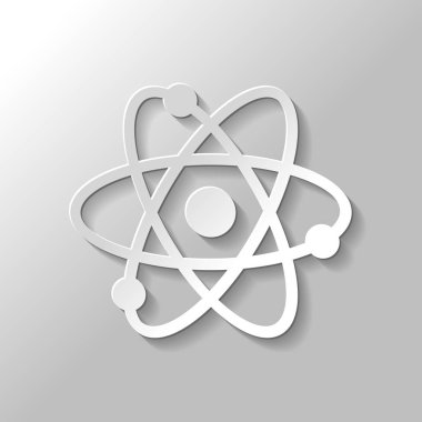 bilimsel atom sembolü, basit simgesi. Kağıt tarzı ile gölge gri arka plan üzerinde