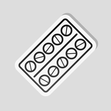 Paketi hapları simgesi. Etiket tarzı ile beyaz ve gri arka plan üzerinde basit gölge