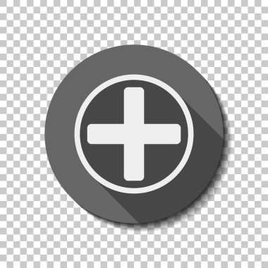 Tıbbi çapraz simgesi. Saydam arka plan üzerinde bir dairede uzun gölge beyaz düz simgesi