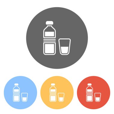 bir şişe su ve cam fincan. basit simgesi. Renkli daireler üzerinde beyaz simgeler kümesi